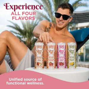 A smiling man in sunglasses and swim trunks sits poolside, holding cans of "Glow Up Sparkling Collagen Protein – Hibiscus Berry." Text reads: "Taste Hibiscus Berry. Your unified source of functional wellness.