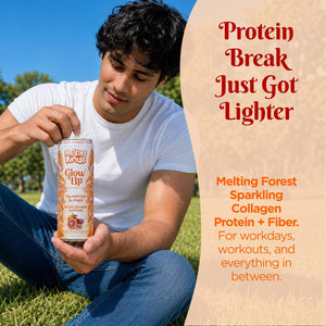 A man sits on grass outdoors, opening a can of Glow Up Sparkling Collagen Protein – Blood Orange Saffron. Text reads, "Protein Break Just Got Lighter," with benefits listed on a peach background.