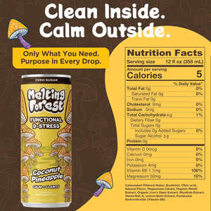 A can of Mushroom D-Stress Drink 12 pack - Coconut Pineapple sits beside its nutrition facts. The brown background displays mushroom graphics and the phrase “Clean Inside. Calm Outside.” at the top.