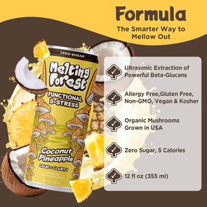 A can of Mushroom D-Stress Drink 12 pack - Coconut Pineapple is shown with coconut and pineapple. This zero sugar, 5-calorie, allergen-free mushroom beverage features beta-glucan extraction and supports stress relief.