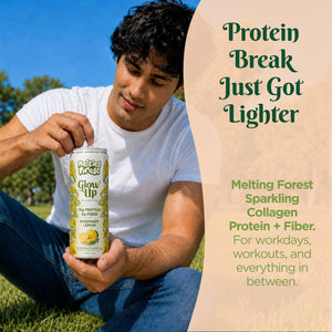 A man sits on grass holding a can of Glow Up Sparkling Collagen Protein – Rosemary Lemon. Text beside him promotes this sparkling collagen drink as a lighter protein break for workdays, workouts, and more.