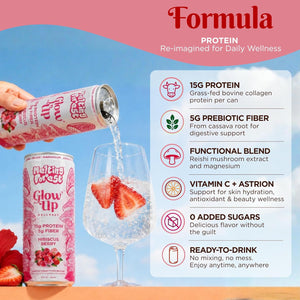 A hand pours Glow Up Sparkling Collagen Protein – Hibiscus Berry into a glass with strawberries. Text highlights 15g protein, 5g prebiotic fiber, functional blend, vitamin C & Astrion, no added sugars, and ready-to-drink ease.