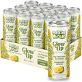 Twelve cans of Glow Up Sparkling Collagen Protein – Rosemary Lemon are packed in a yellow and white box with mushroom illustrations. Each can contains 15g protein and 5g fiber, promoting beauty-from-within benefits.