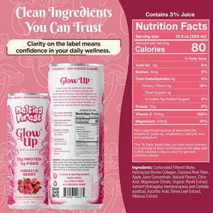 Two cans of Glow Up Sparkling Collagen Protein – Hibiscus Berry are shown with a nutrition label, highlighting ingredients, 15g protein, prebiotic fiber, vitamin C, magnesium, and other key nutritional values and benefits.