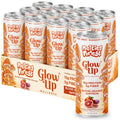A 12-pack of Glow Up Sparkling Collagen Protein – Blood Orange Saffron features orange mushrooms and fruits on the cans, with each sparkling drink providing 15g protein and 5g fiber.