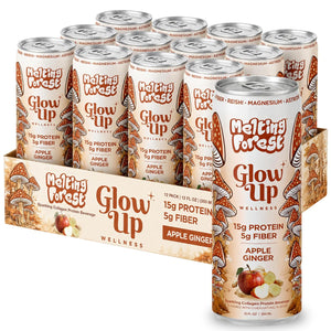 A 12-pack of Glow Up Sparkling Collagen Protein – Apple Ginger, each can with 15g collagen protein and 5g fiber. This wellness drink offers a beauty boost and comes in cans adorned with mushroom and apple illustrations.