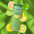 A can of Mushroom D-Stress Drink 12 Pack - Yuzu Lime is surrounded by floating lemon and lime slices on a vibrant green, leafy background. The can showcases “Zero Sugar” and “Calm & Clarity” for stress relief with adaptogenic mushrooms.