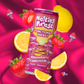A can from the Mushroom Energy Drink 12 Pack - Variety Pack, featuring cordyceps and lion's mane, sits among fresh strawberries, lemon slices, and illustrated mushrooms on bright pink satin. The can displays "Zero Sugar" and "Focus + Endurance.