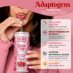 A person holds and sips a Glow Up Sparkling Collagen Protein – Hibiscus Berry drink from Melting Forest. Beside them, a chart highlights the ingredients—collagen protein, reishi mushroom, magnesium, prebiotic fiber for gut health, botanical blend, and vitamin C—along with their associated benefits.