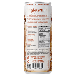 Back view of Glow Up Sparkling Collagen Protein – Apple Ginger, a wellness drink with collagen, mushroom, vitamin C, magnesium, and ashwagandha. Shows nutrition facts, ingredients list, and certifications.