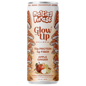 A can of Glow Up Sparkling Collagen Protein – Apple Ginger, featuring mushrooms, apples, ginger, 15g protein, 5g fiber, and ingredients like reishi, magnesium, and astrion on the label.