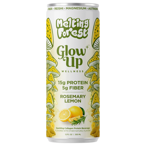 A can of Glow Up Sparkling Collagen Protein – Rosemary Lemon shows yellow mushrooms and lemons, with text noting 15g protein, 5g prebiotic fiber, and beauty-from-within ingredients.