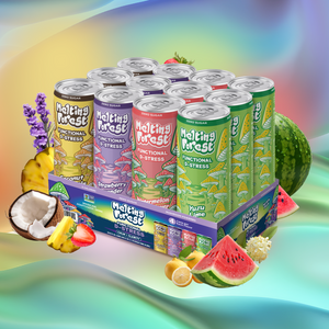A vibrant display of Mushroom D-Stress Drink 12 Pack - Variety Pack in four flavors—Coconut Pineapple, Strawberry Lavender, Watermelon, and Yuzu Lime—amid fresh fruit and herbs, set against a colorful swirling background.