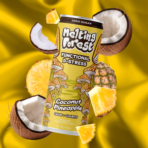 A can of Mushroom D-Stress Drink 12 Pack - Variety Pack is surrounded by coconut halves and pineapple slices on a vibrant yellow background, with whimsical mushroom illustrations emphasizing its organic mushroom drink benefits.