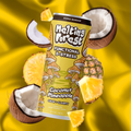 A can of Mushroom D-Stress Drink 12 pack - Coconut Pineapple sits among coconut halves and pineapple slices, set against a vibrant yellow satin-like background for a refreshing look.