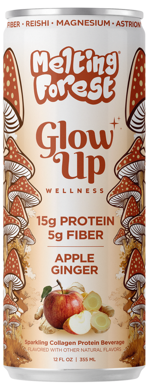 A can of Glow Up Sparkling Collagen Protein – Apple Ginger, featuring images of mushrooms, apples, and ginger. The label highlights 15g protein, 5g fiber, collagen, and a sparkling beverage—an expertly crafted wellness drink designed to support beauty from within.