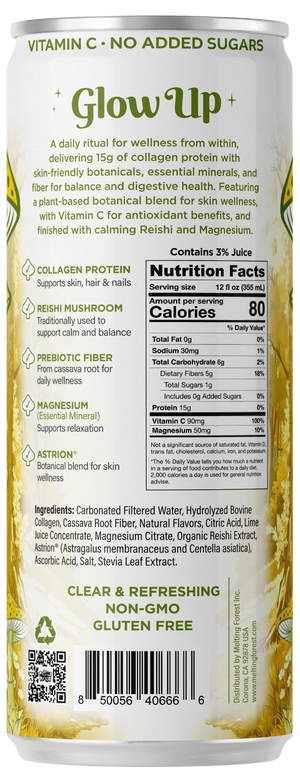 Back of a beverage can labeled "Glow Up Sparkling Collagen Protein – Rosemary Lemon," listing ingredients such as collagen protein, reishi mushroom, prebiotic fiber, and antioxidants. The label features nutrition facts and health claims supporting skin, hair, nails, and relaxation. This non-GMO and gluten-free sparkling collagen protein drink delivers beauty-from-within benefits.