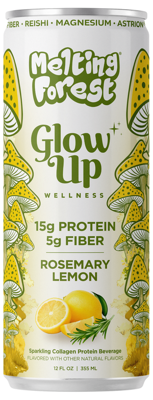 A can of Glow Up Sparkling Collagen Protein – Rosemary Lemon, a beauty-from-within beverage by Melting Forest, is a sparkling collagen protein drink with rosemary lemon flavor. The label features images of mushrooms and lemons, and each can contains 15g protein and 5g prebiotic fiber.
