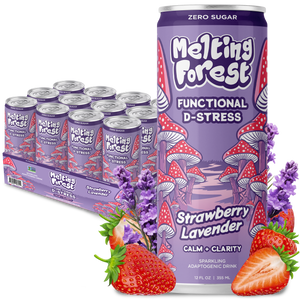 A can of Mushroom D-Stress Drink 12 Pack - Strawberry Lavender is displayed with strawberries, lavender, and red mushrooms, with a 12-pack of this organic reishi lion’s mane adaptogenic beverage visible in the background.