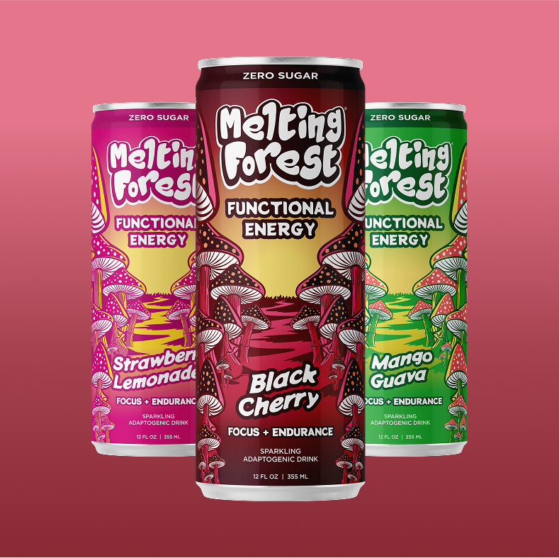 Three colorful cans of Melting Forest Functional Energy drinks (Strawberry Lemonade, Black Cherry, and Mango Guava) with illustrated mushrooms on the cans, set against a pink gradient background.