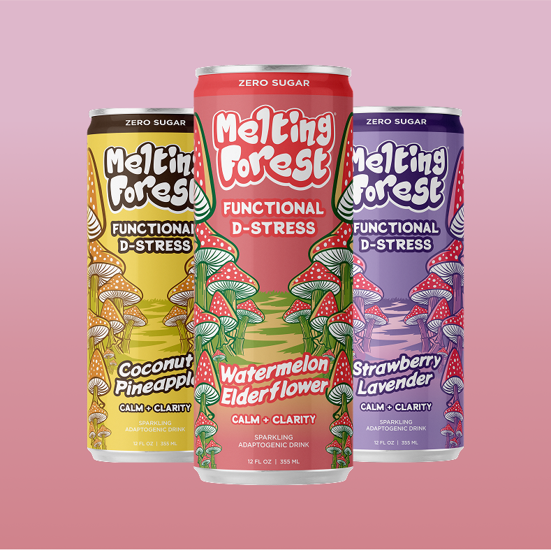 Three colorful cans of Melting Forest Functional D-Stress drinks—Coconut Pineapple, Watermelon Elderflower, and Strawberry Lavender—feature whimsical mushroom designs on a pink background.