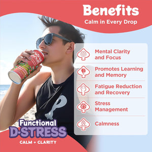 At the beach, a person in sunglasses enjoys a vibrant can of Mushroom D-Stress Drink 12 Pack - Watermelon Elderflower. A text box highlights benefits: mental clarity, improved learning, less fatigue, stress management, and calmness.