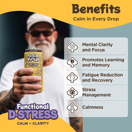 A bearded man in sunglasses holds a can of Mushroom D-Stress Drink 12 pack - Coconut Pineapple. Beside him, benefits are listed: mental clarity, learning, fatigue reduction, stress management, and calmness.