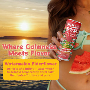 A person holds a can of Mushroom D-Stress Drink 12 Pack – Watermelon Elderflower and a watermelon slice on the beach at sunset, with text describing this stress relief beverage as delicate, bright, and calming.
