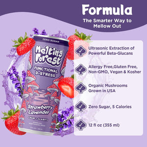 A can of Mushroom D-Stress Drink 12 Pack - Strawberry Lavender sits among strawberries and lavender—zero sugar, 5 calories, organic mushrooms, allergen-free, and 12 fl oz (355 ml).