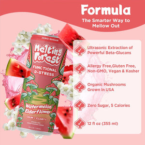 A can of Mushroom D-Stress Drink Watermelon Elderflower is pictured with watermelon slices and a pink splash. Text highlights zero sugar, five calories, organic mushrooms, allergen-free ingredients, and each can’s 12 fl oz size.