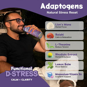 A man smiles while drinking the Mushroom D-Stress Drink 12 Pack – Strawberry Lavender outdoors at night. Next to him, graphics highlight Lion’s Mane and Reishi adaptogens for focus and relaxation in this functional beverage.