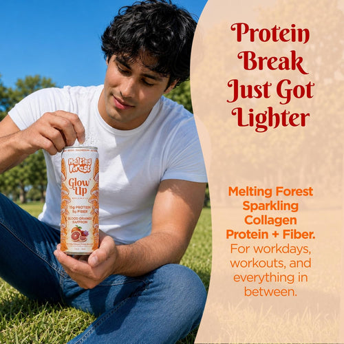 A man sits on grass outdoors, opening a can of Glow Up Sparkling Collagen Protein – Blood Orange Saffron. Text reads, "Protein Break Just Got Lighter," with benefits listed on a peach background.