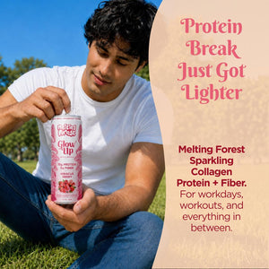 A man sits on grass outdoors, opening a can of Glow Up Sparkling Collagen Protein – Hibiscus Berry. Text reads: "Protein Break Just Got Lighter," spotlighting this beauty-from-within beverage for workdays, workouts, and in between.