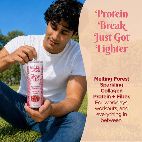 A man sits on grass outdoors, opening a can of Glow Up Sparkling Collagen Protein – Hibiscus Berry. Text reads: "Protein Break Just Got Lighter," spotlighting this beauty-from-within beverage for workdays, workouts, and in between.