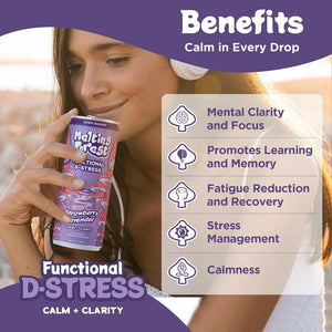 A woman with headphones drinks from a Mushroom D-Stress Drink 12 Pack - Strawberry Lavender, highlighting its stress relief benefits: mental clarity, learning support, reduced fatigue, stress management, and calmness.