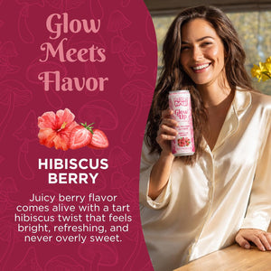 A smiling woman in a satin shirt holds a can of Glow Up Sparkling Collagen Protein – Hibiscus Berry. Text highlights its juicy berry flavor with a tart hibiscus twist, while pink floral graphics accentuate this beauty-from-within drink.