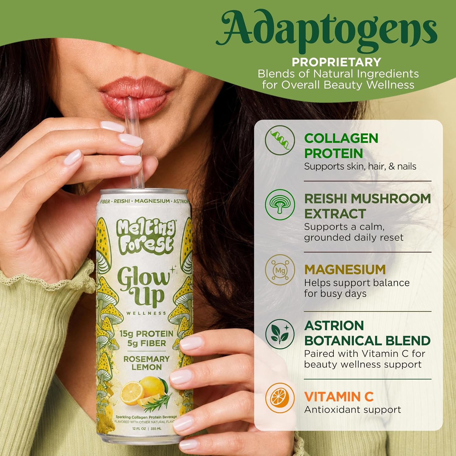 A woman drinks from a can labeled "Glow Up Sparkling Collagen Protein – Rosemary Lemon," with benefits shown: collagen for skin, reishi for calm, magnesium for balance, botanical blend, and vitamin C for antioxidants.