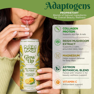 A woman drinks from a can labeled "Glow Up Sparkling Collagen Protein – Rosemary Lemon," with benefits shown: collagen for skin, reishi for calm, magnesium for balance, botanical blend, and vitamin C for antioxidants.