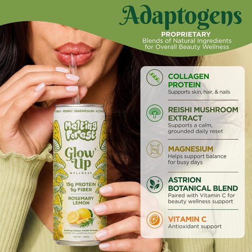 A woman drinks from a can labeled "Glow Up Sparkling Collagen Protein – Rosemary Lemon," with benefits shown: collagen for skin, reishi for calm, magnesium for balance, botanical blend, and vitamin C for antioxidants.