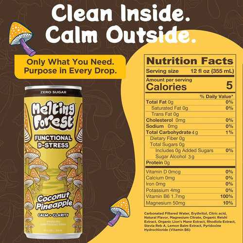 A can of Mushroom D-Stress Drink 12 pack - Coconut Pineapple sits beside its nutrition facts. The brown background displays mushroom graphics and the phrase “Clean Inside. Calm Outside.” at the top.