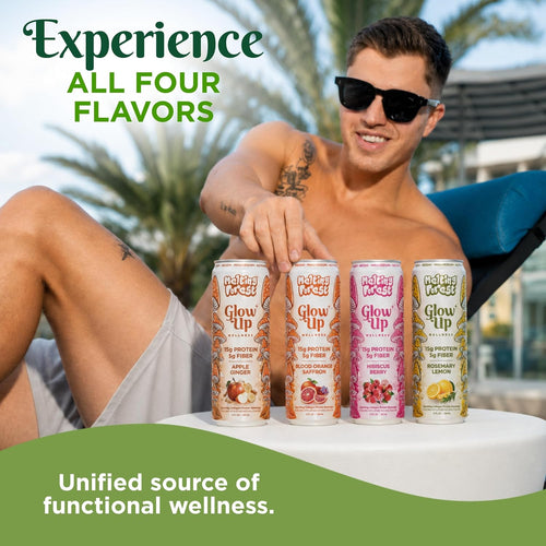 A smiling man in sunglasses and swim trunks sits poolside, reaching for a "Glow Up Sparkling Collagen Protein – Blood Orange Saffron" drink. Text reads: "Experience ALL FOUR FLAVORS" and "Unified source of functional wellness.