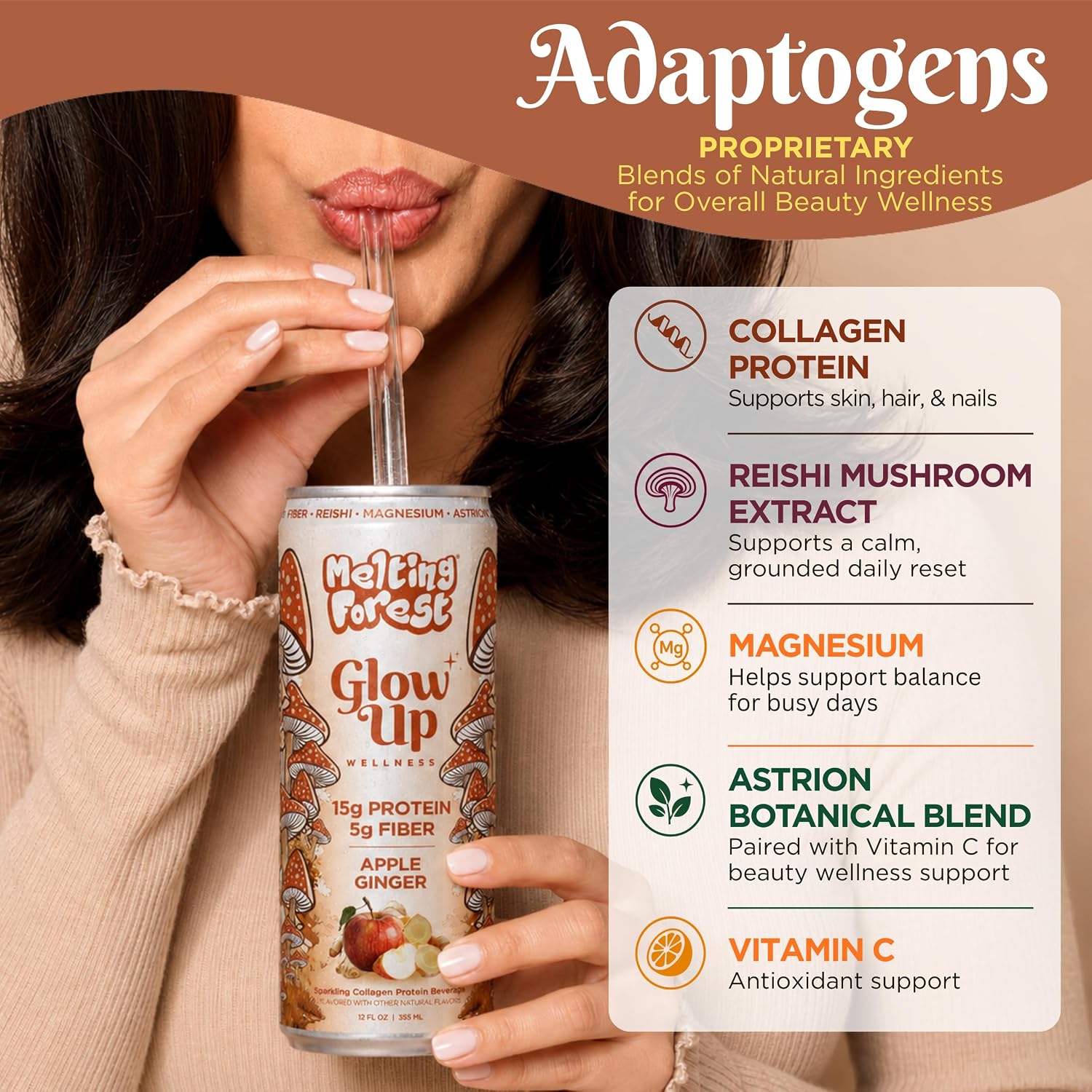A hand holds a can of Glow Up Sparkling Collagen Protein – Apple Ginger with a straw. To the right, benefits like beauty-from-within collagen, reishi mushroom, magnesium, and vitamin C are listed for this wellness beverage.