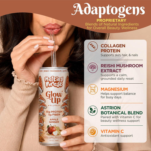 A hand holds a can of Glow Up Sparkling Collagen Protein – Apple Ginger with a straw. To the right, benefits like beauty-from-within collagen, reishi mushroom, magnesium, and vitamin C are listed for this wellness beverage.