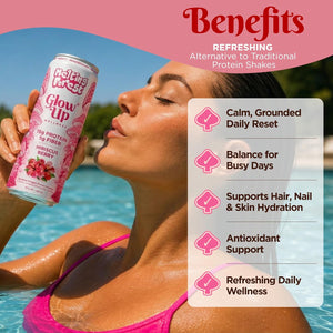 A woman in a pool enjoys Glow Up Sparkling Collagen Protein – Hibiscus Berry, a beauty-from-within drink that supports calm reset, balance for busy days, skin hydration, antioxidants, and daily wellness.