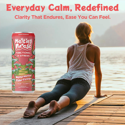 A woman does yoga on a mat outdoors at sunrise. In the foreground is a can of Mushroom D-Stress Drink 12 Pack - Watermelon Elderflower. Text above reads, "Everyday Calm, Redefined. Clarity That Endures, Ease You Can Feel.