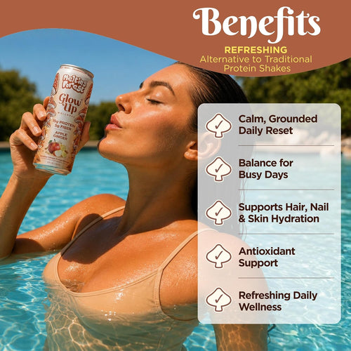 A woman in a pool drinks Glow Up Sparkling Collagen Protein – Apple Ginger. Benefits highlighted: calm, grounded reset; balance for busy days; hydration for hair, nails, skin; antioxidant support; refreshing daily wellness.