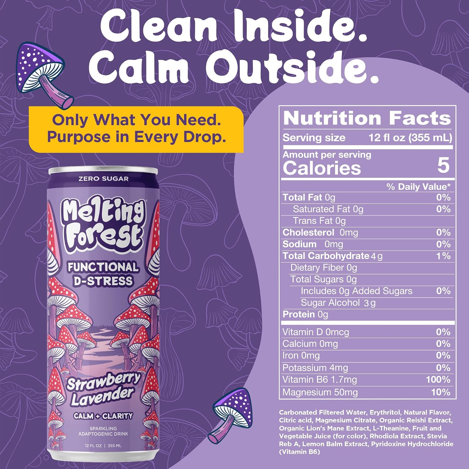 A can of Mushroom D-Stress Drink 12 Pack - Strawberry Lavender sits on a purple background with mushrooms, highlighting its zero sugar, low calorie adaptogenic mushroom blend and stress-relief benefits.