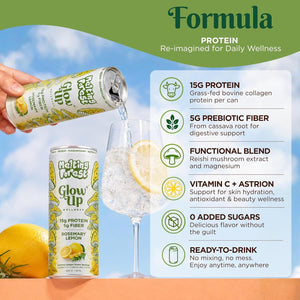 A hand pours Glow Up Sparkling Collagen Protein – Rosemary Lemon into a glass with ice and lemon. Each drink has 15g protein, 5g prebiotic fiber, vitamins, no added sugars—a refreshing beauty-from-within beverage.