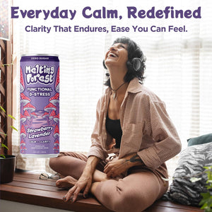 A smiling woman with headphones relaxes by a window, next to a Mushroom D-Stress Drink 12 Pack - Strawberry Lavender. Above her: "Everyday Calm, Redefined. Clarity That Endures, Ease You Can Feel.