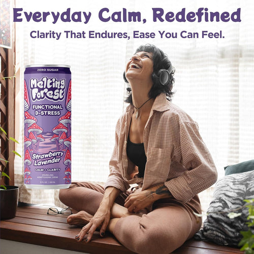 A smiling woman with headphones relaxes by a window, next to a Mushroom D-Stress Drink 12 Pack - Strawberry Lavender. Above her: "Everyday Calm, Redefined. Clarity That Endures, Ease You Can Feel.